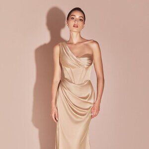 NEW FORMAL SHEATH SATIN DRESS W/ SWEETHEART NECK & STRUCTURED BODICE CD 7448
